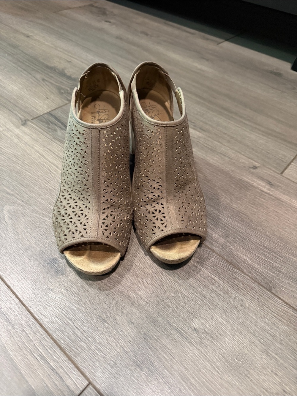 Life Stride Taupe Laser-Cut Peep Toe Booties